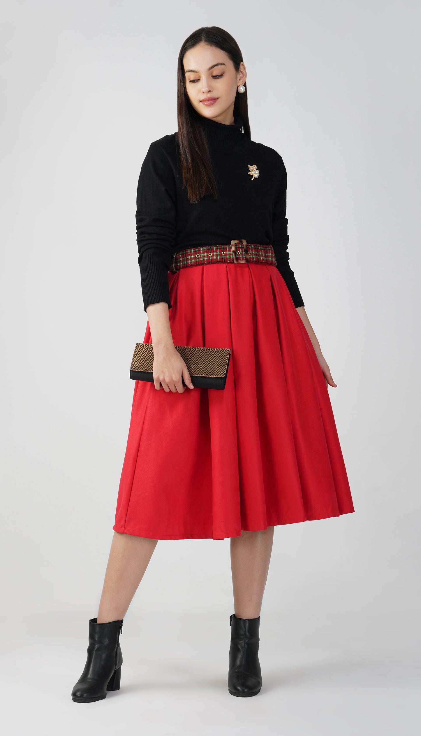 Red - Suede & Tweed Box Pleated Edinburgh Skirt
