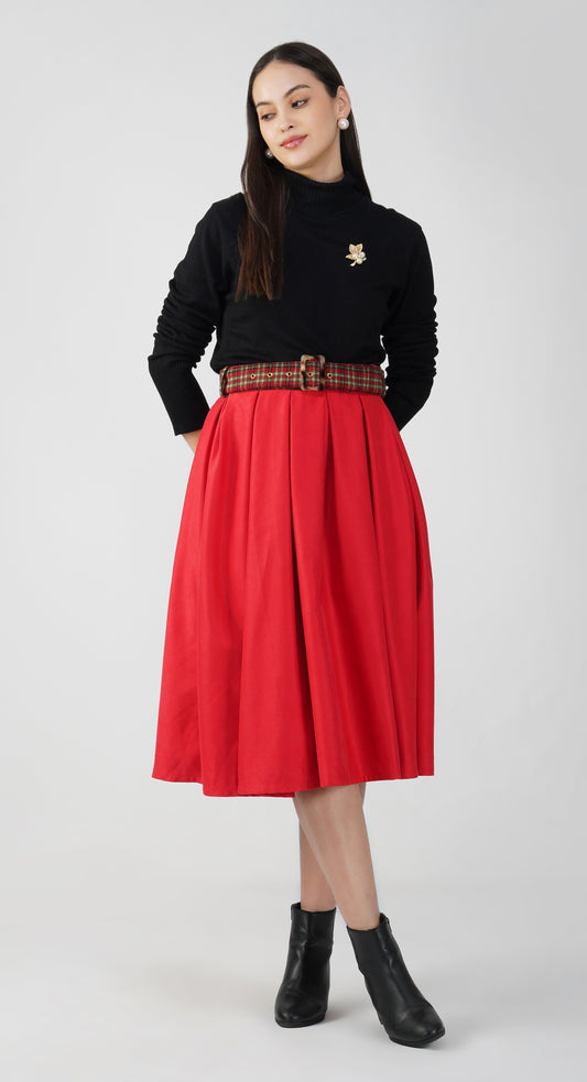Red - Suede & Tweed Box Pleated Edinburgh Skirt