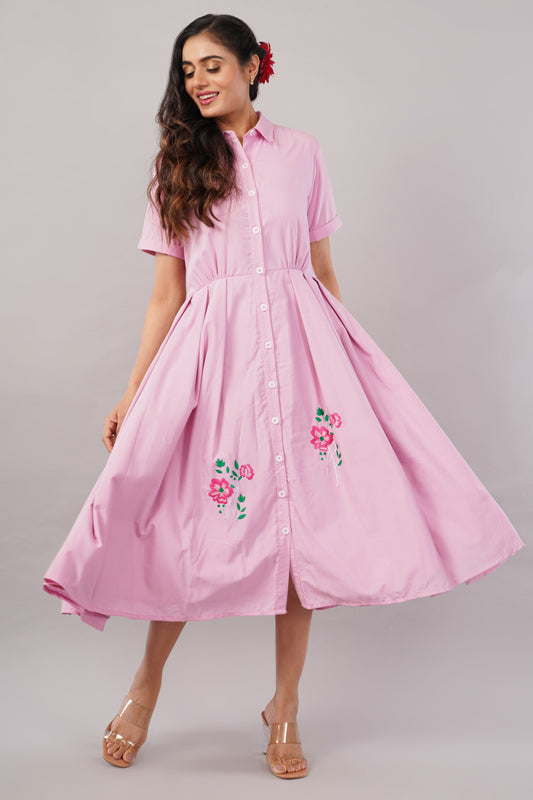 Blush Pink Embroidered - Cotton Midi Aurora Shirt Dress