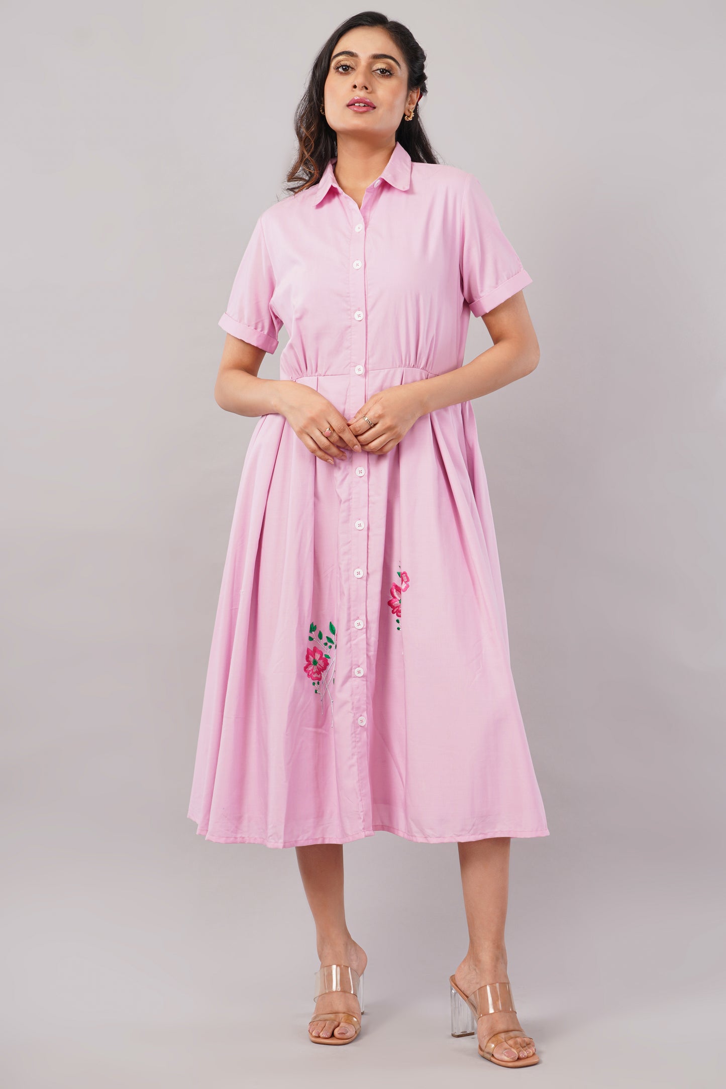 Blush Pink Embroidered - Cotton Midi Aurora Shirt Dress