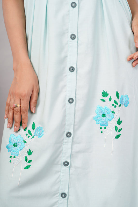 Powder Blue Embroidered - Cotton Midi Aurora Shirt Dress