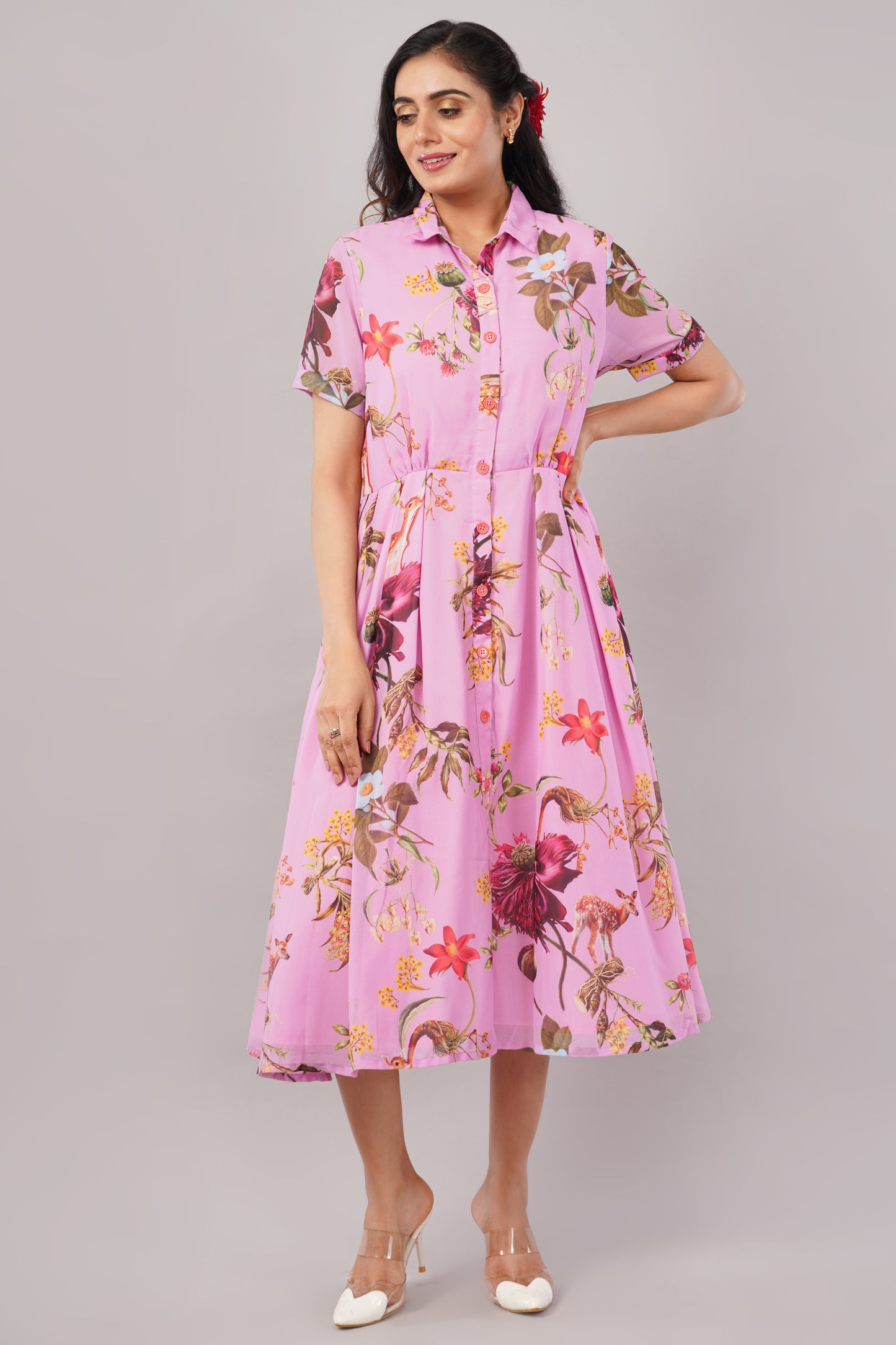 Botanical Bliss - Pink Georgette Aurora Shirt Dress – Printed Midi with Pleats