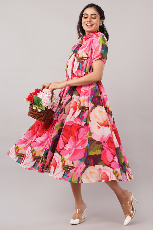 Bloom Rush Multicolor Floral - Georgette Aurora Shirt Dress