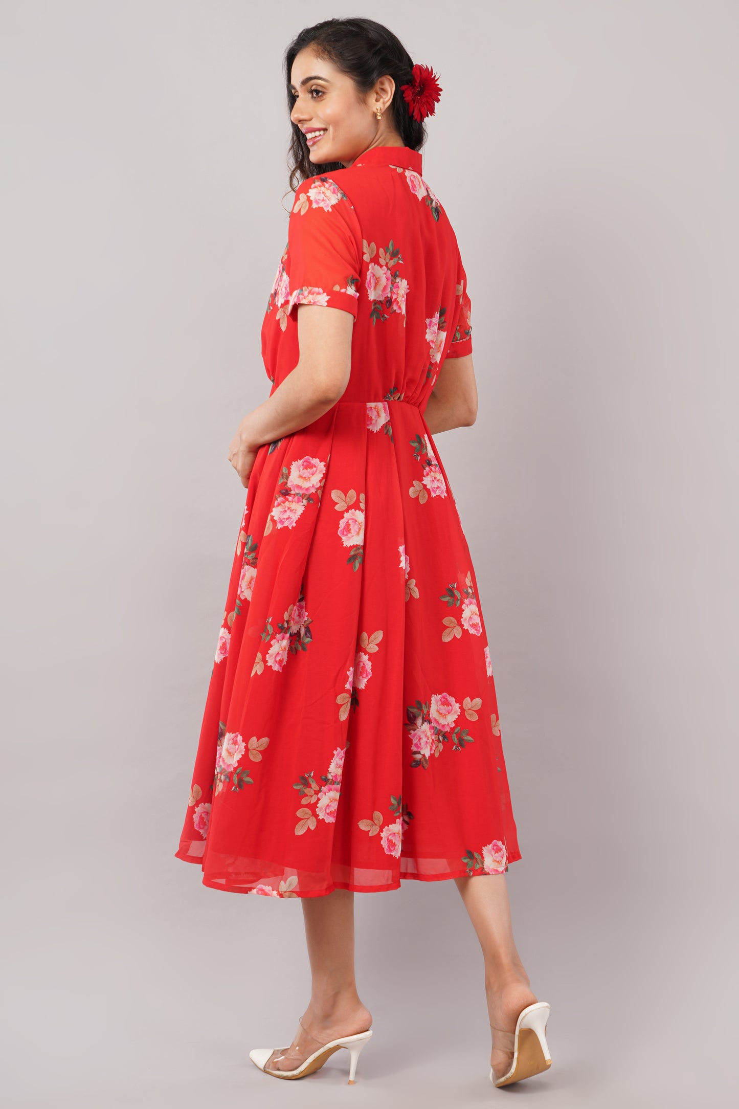 Crimson Bloom Red Floral - Georgette Aurora Shirt Dress