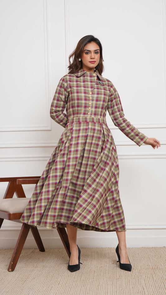 Pink & Green Check - Brushed Twill Box-Pleated Scotland Dress
