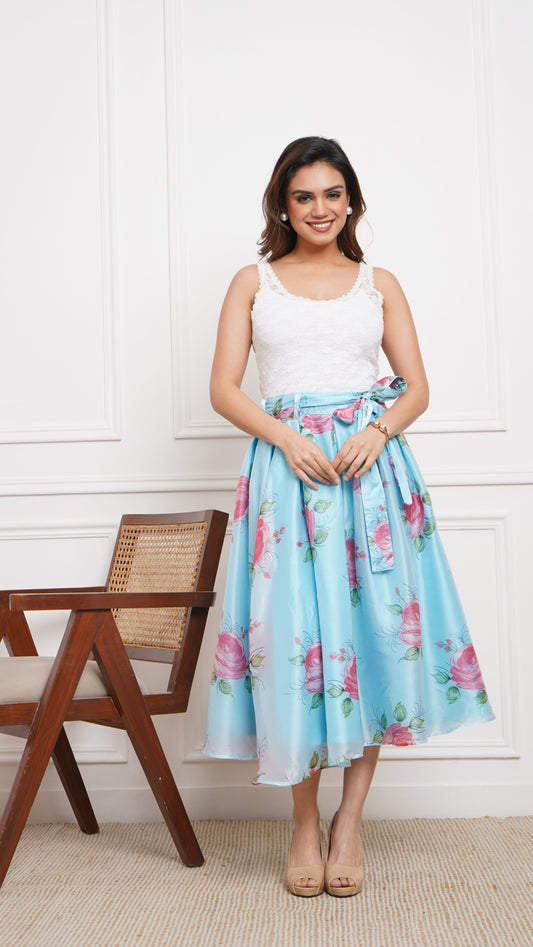 Sky Blue - Liquid Organza Box-Pleated Marilyn Skirt