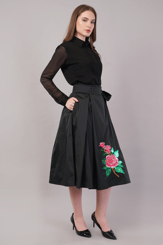 Hand Embroidered Black Silk - Riyasat Skirt