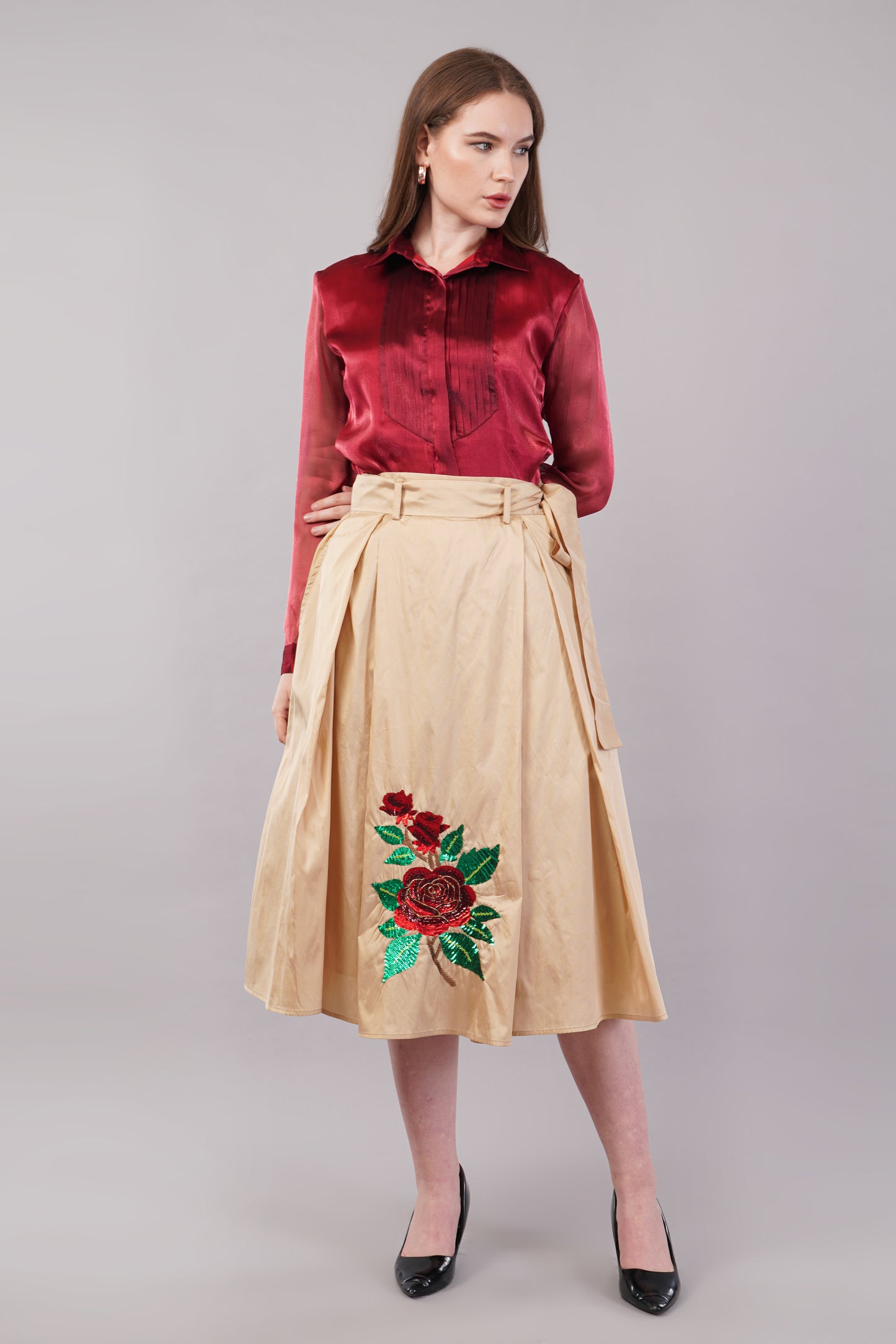 Beige Silk Hand Embroidered - Riyasat Skirt
