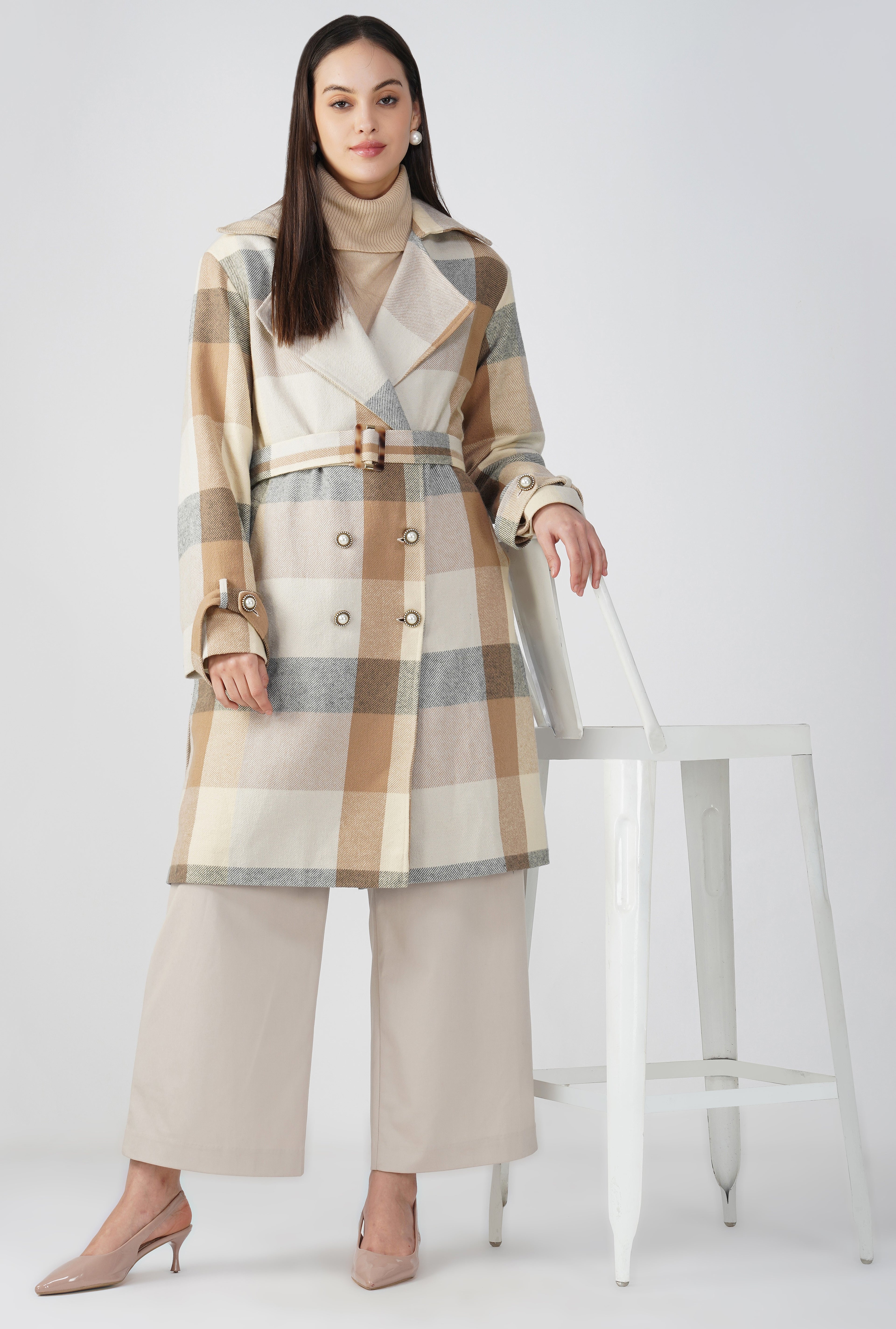 Brown Check Twill Wool Panjab Trench-coat