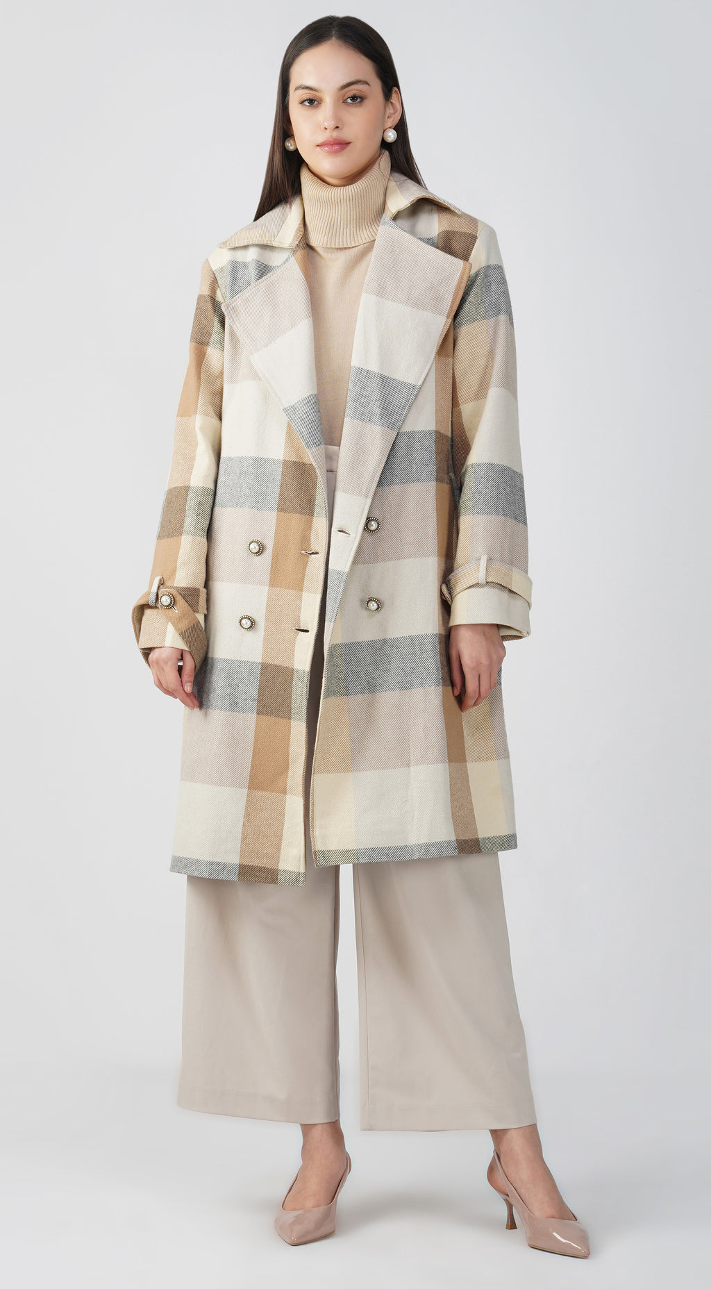 Brown Check Twill Wool Panjab Trench-coat