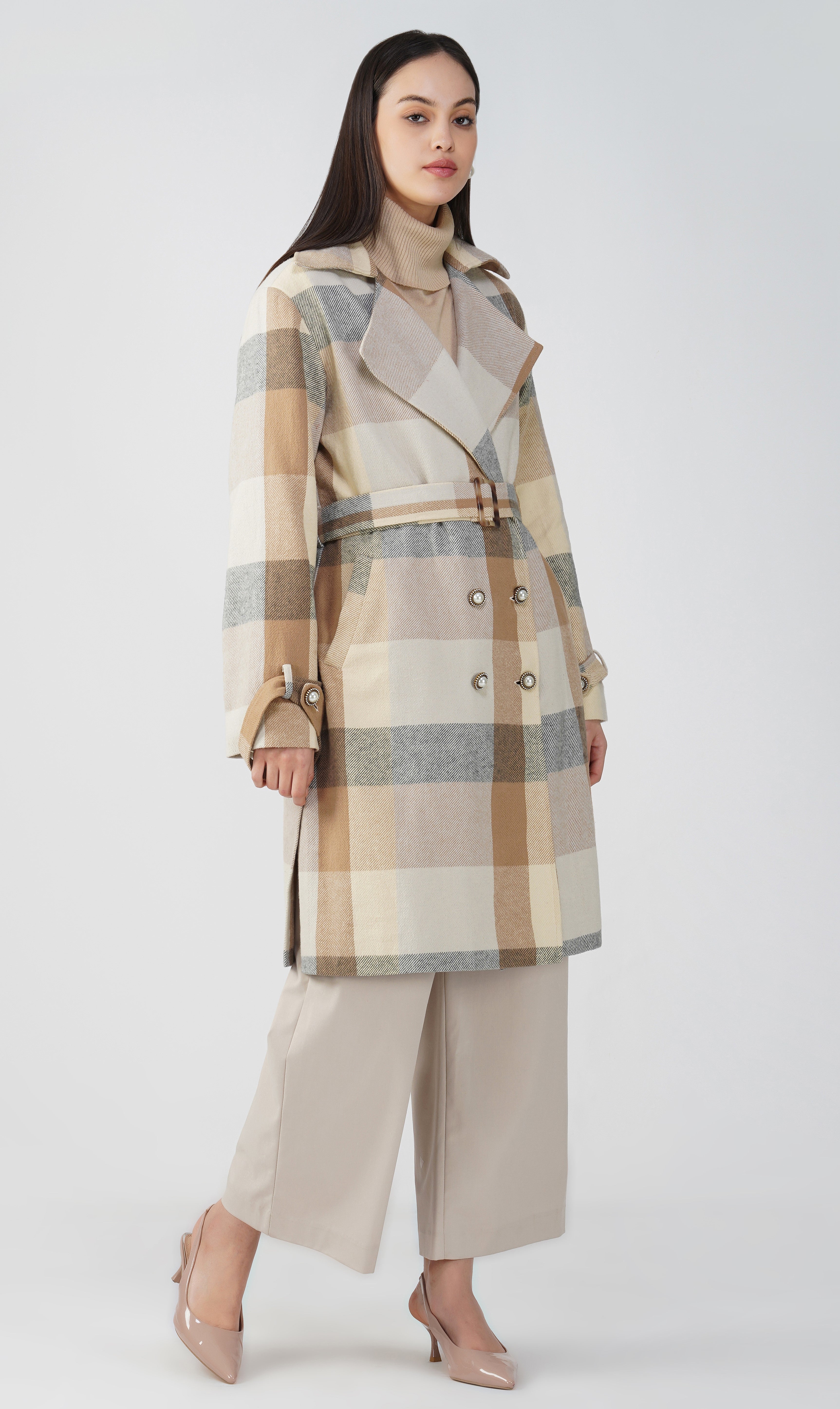 Brown Check Twill Wool Panjab Trench-coat