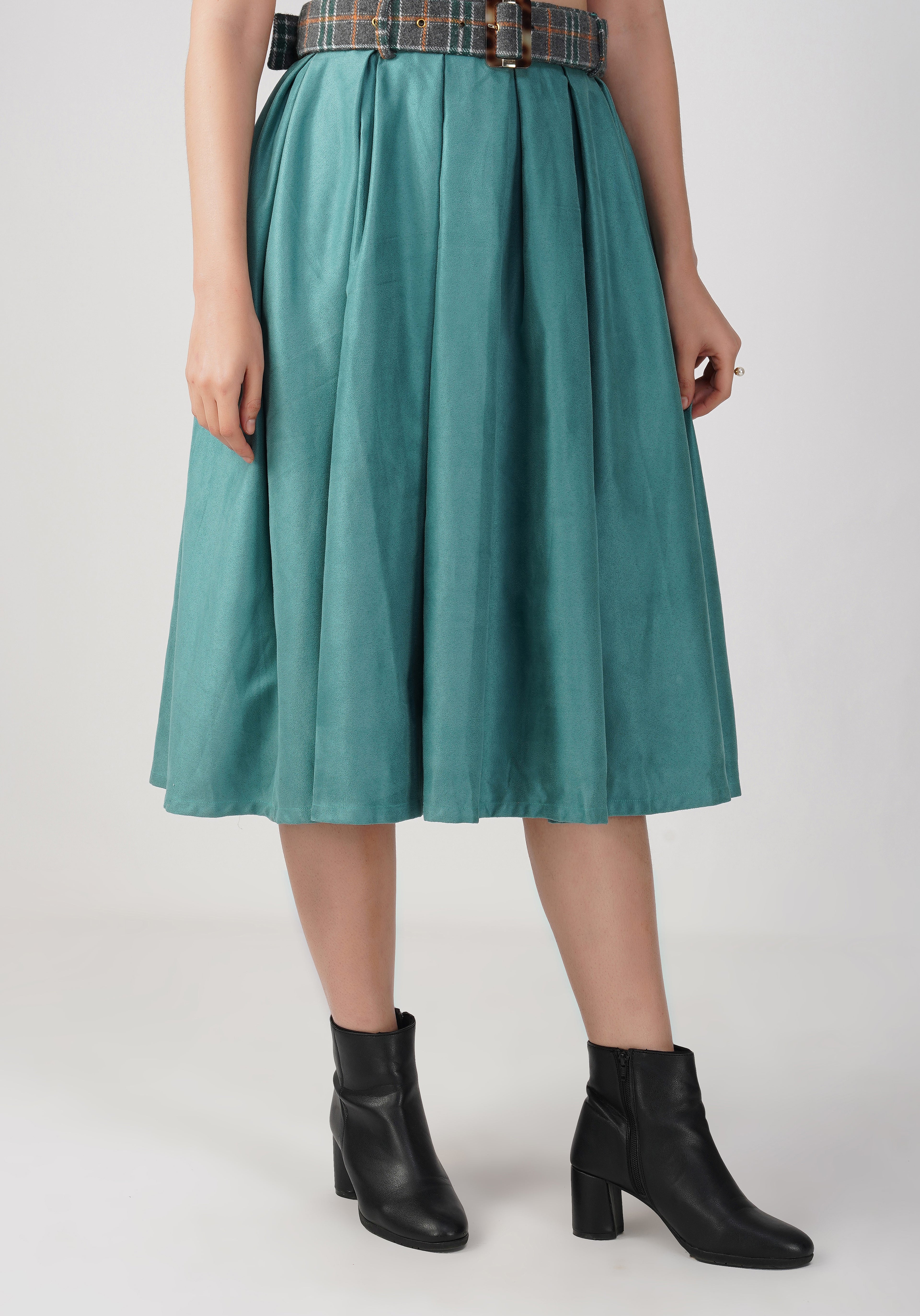 Green - Suede & Tweed Box Pleated Edinburgh Skirt