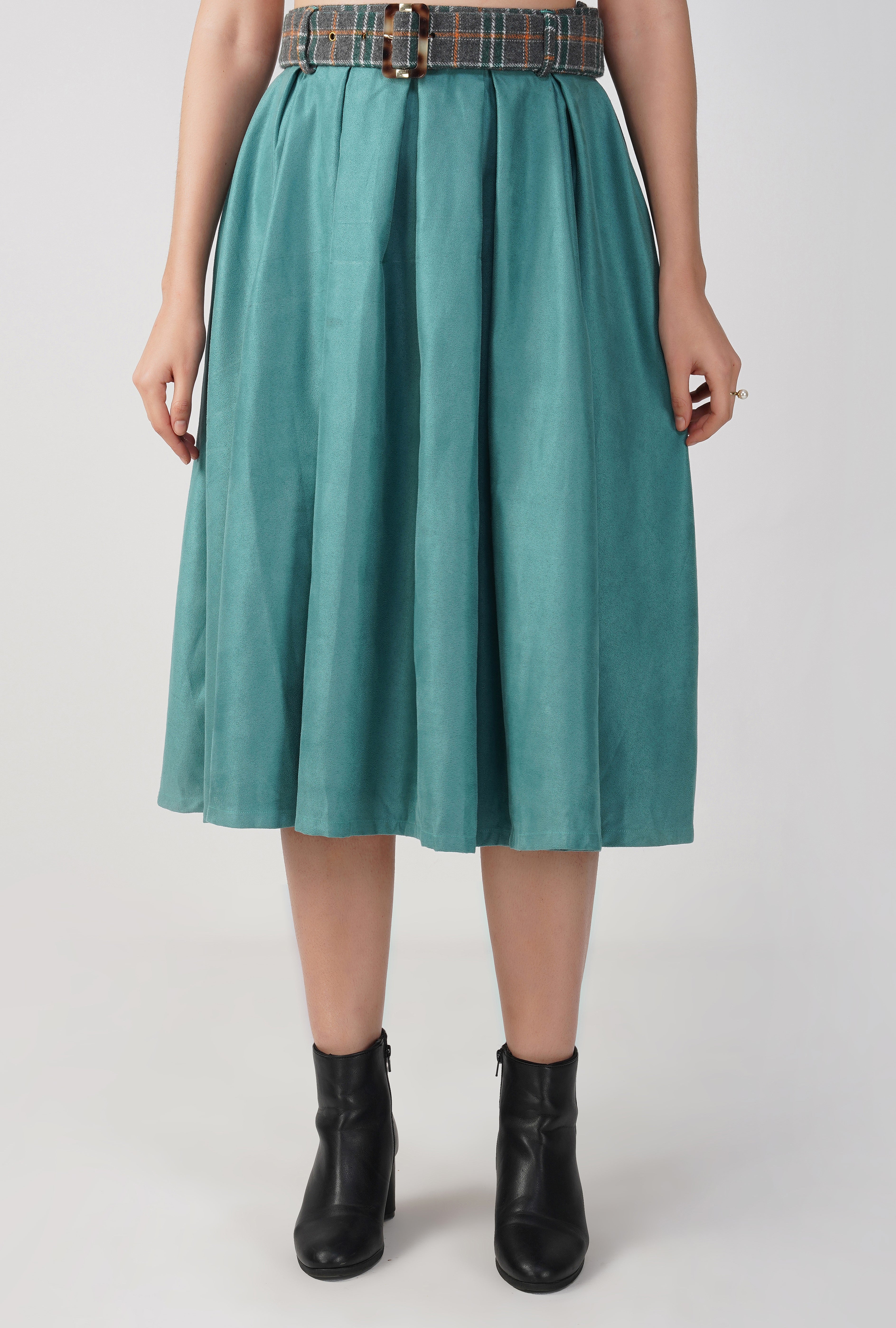 Green - Suede & Tweed Box Pleated Edinburgh Skirt