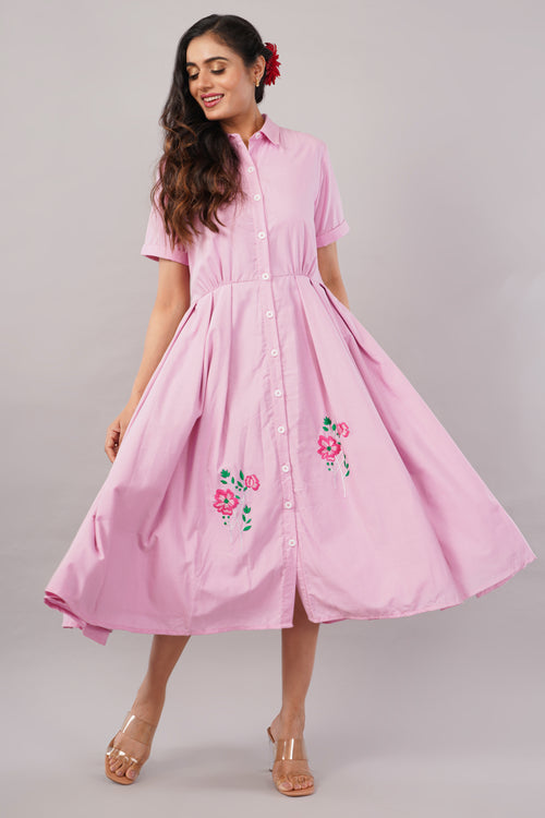 Blush Pink Embroidered - Cotton Midi Aurora Shirt Dress