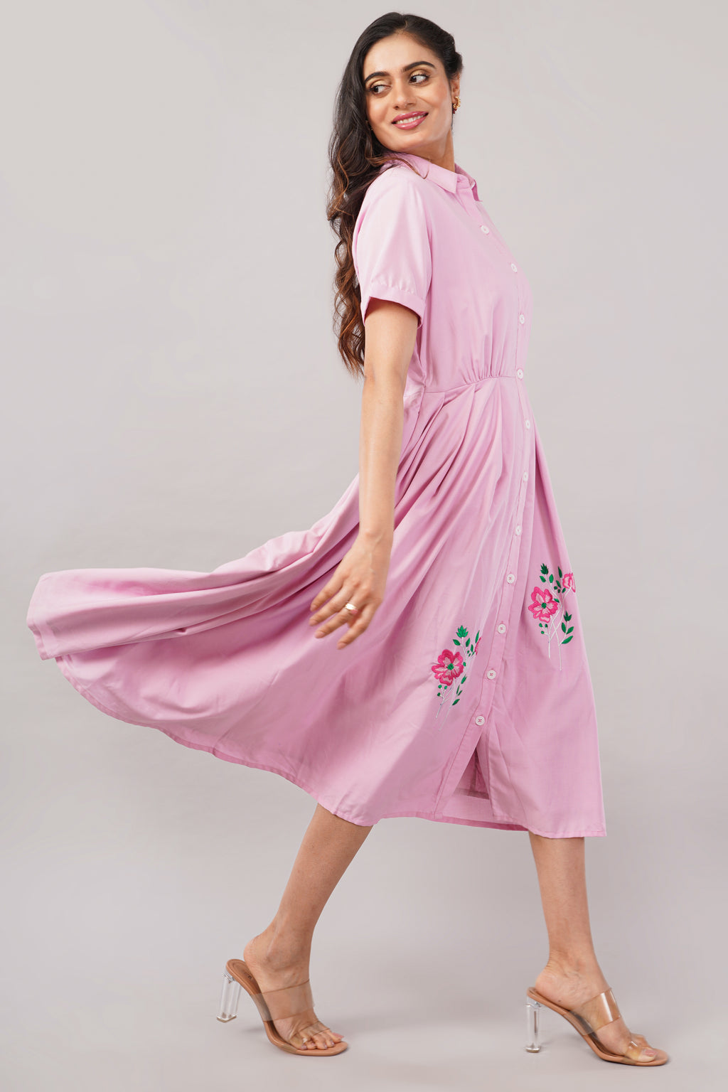 Blush Pink Embroidered - Cotton Midi Aurora Shirt Dress