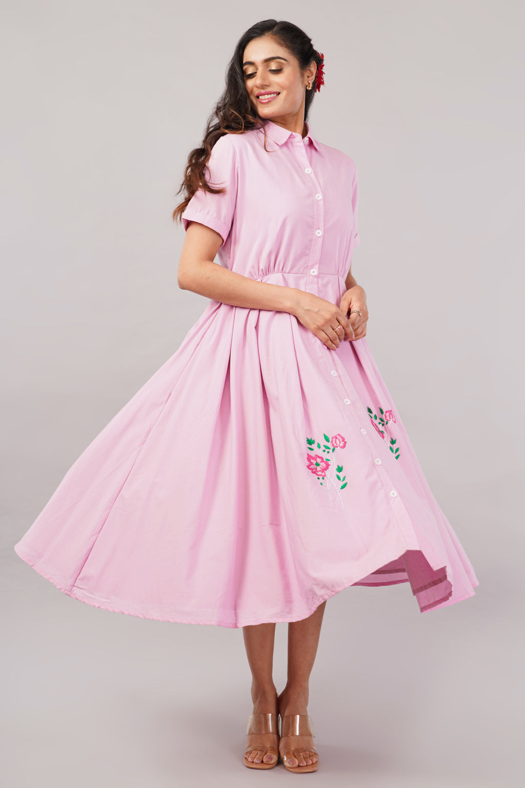 Blush Pink Embroidered - Cotton Midi Aurora Shirt Dress