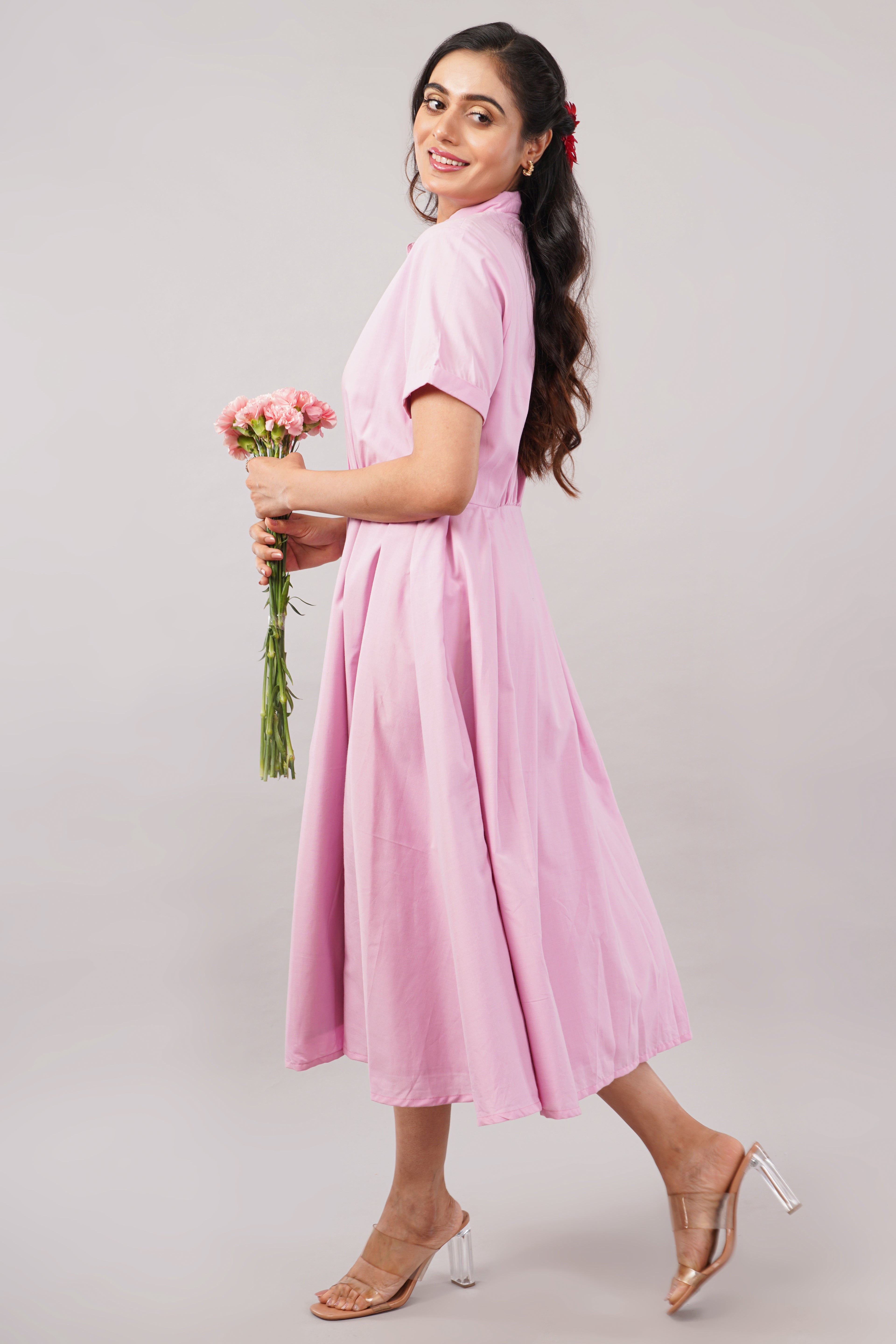 Blush Pink Embroidered - Cotton Midi Aurora Shirt Dress