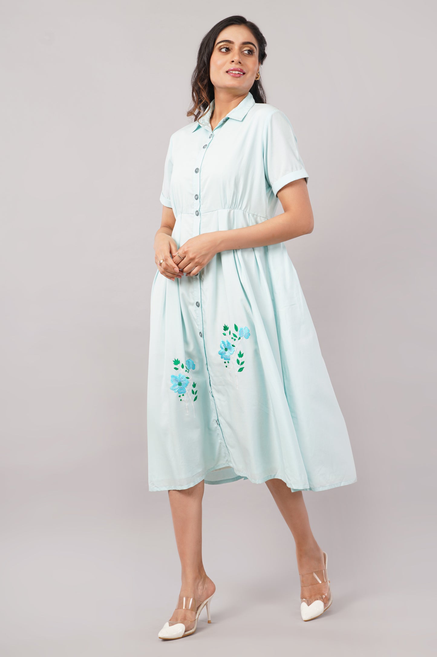Powder Blue Embroidered - Cotton Midi Aurora Shirt Dress