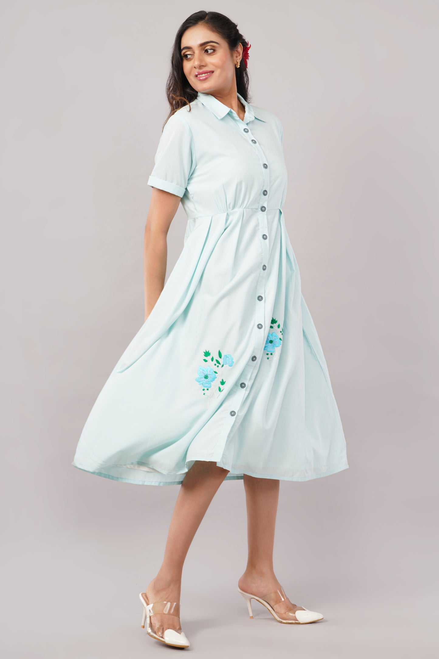Powder Blue Embroidered - Cotton Midi Aurora Shirt Dress