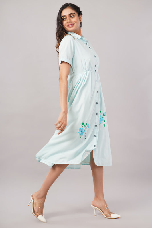 Powder Blue Embroidered - Cotton Midi Aurora Shirt Dress