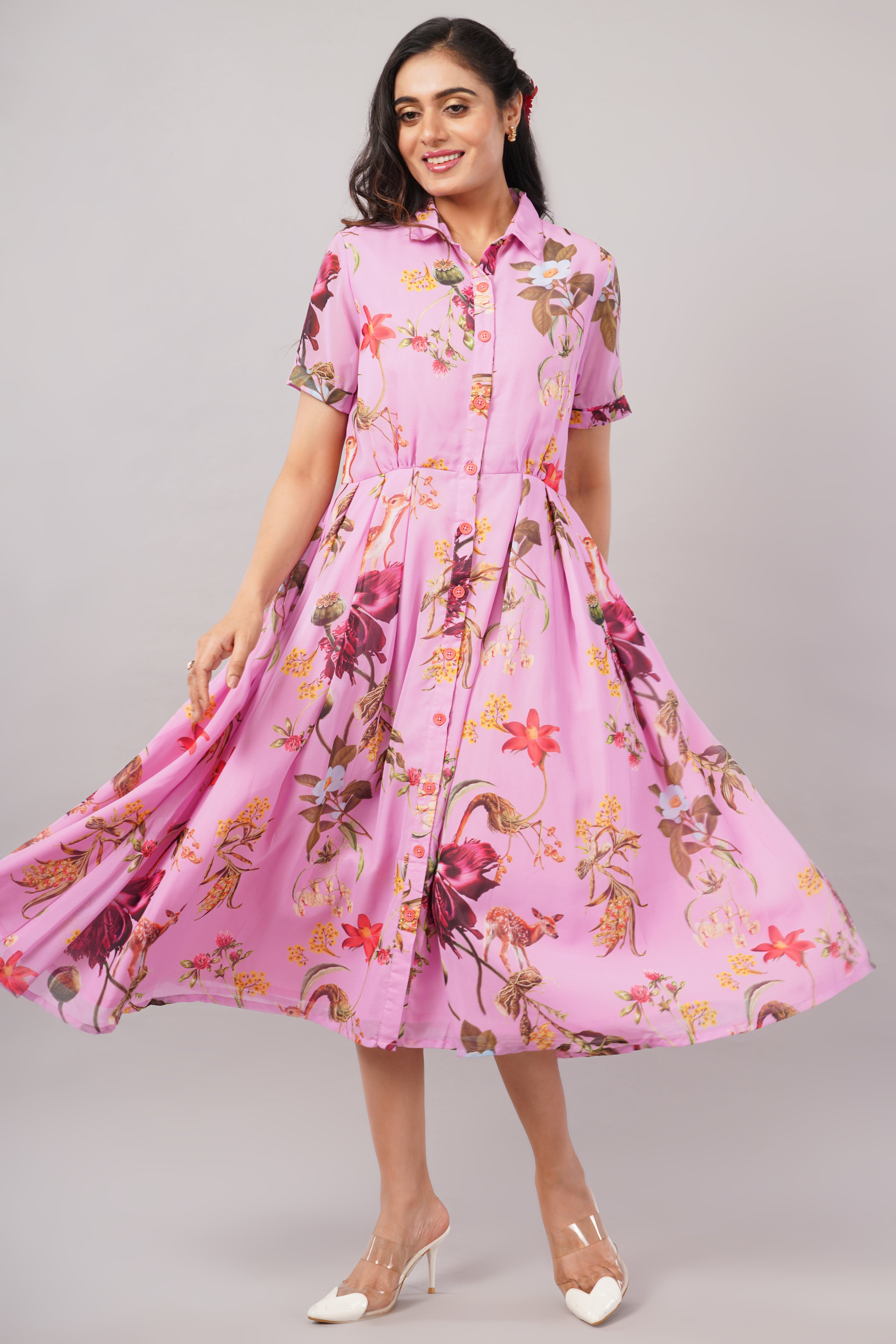 Botanical Bliss - Pink Georgette Aurora Shirt Dress – Printed Midi with Pleats