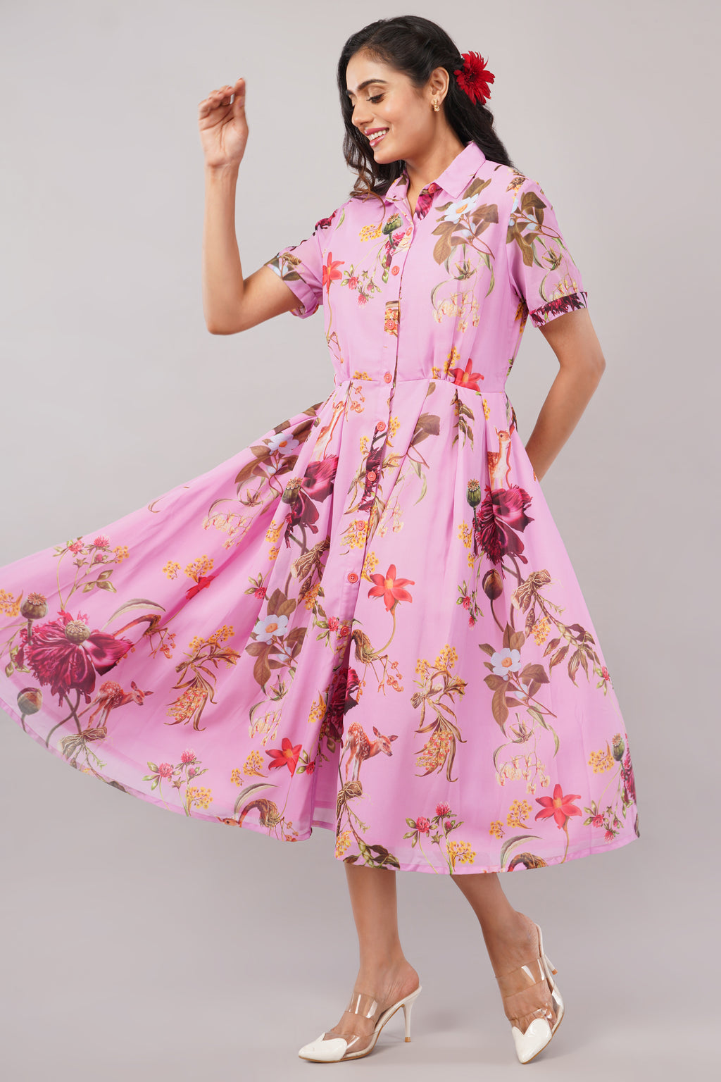 Botanical Bliss - Pink Georgette Aurora Shirt Dress – Printed Midi with Pleats