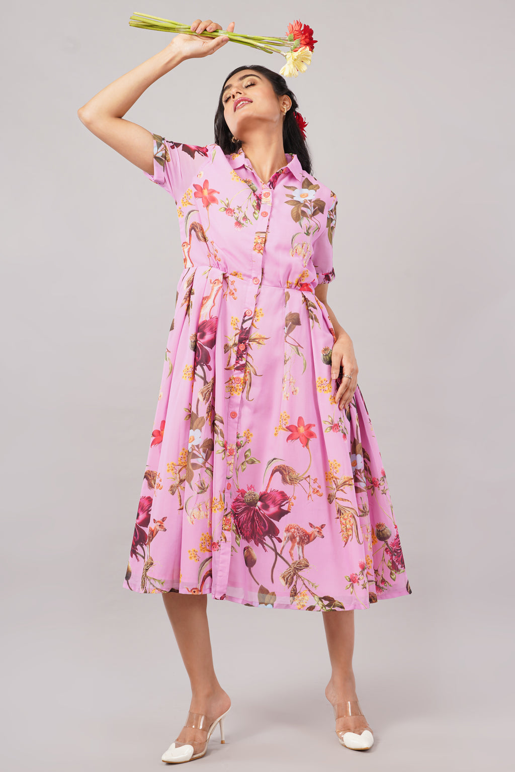 Botanical Bliss - Pink Georgette Aurora Shirt Dress – Printed Midi with Pleats