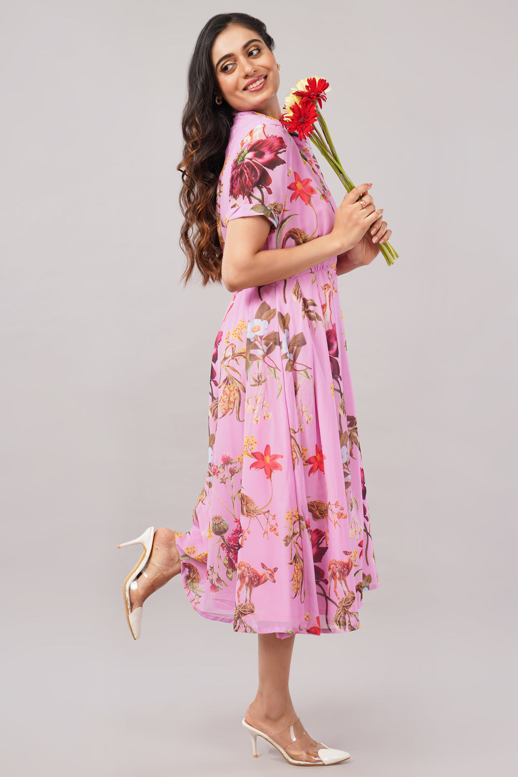 Botanical Bliss - Pink Georgette Aurora Shirt Dress – Printed Midi with Pleats