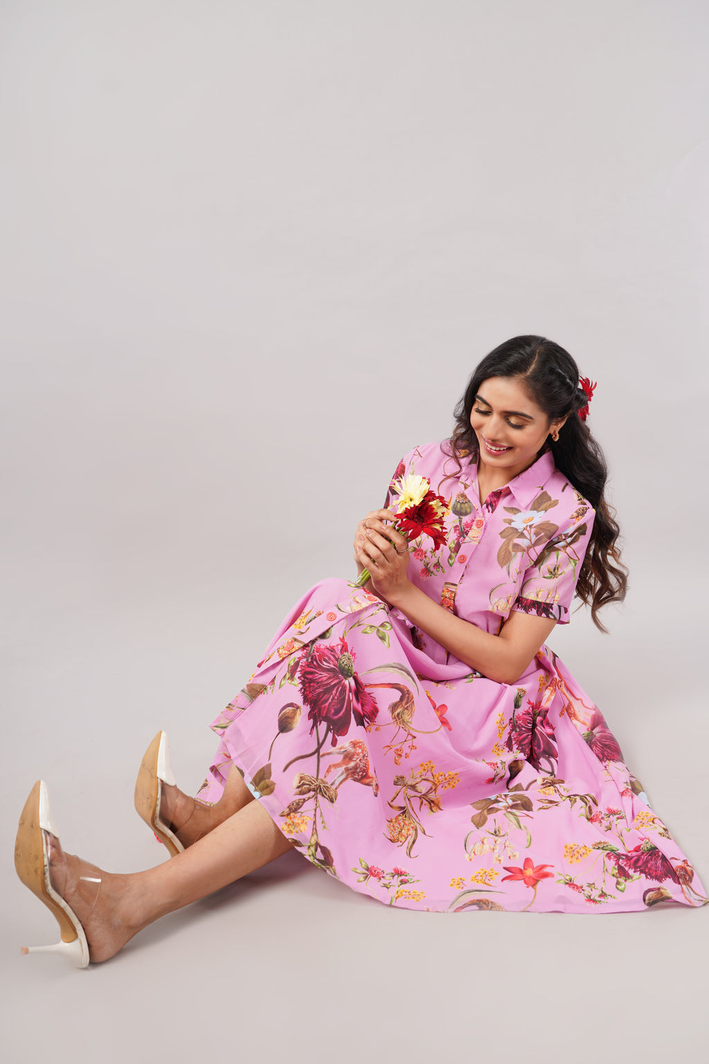 Botanical Bliss - Pink Georgette Aurora Shirt Dress – Printed Midi with Pleats