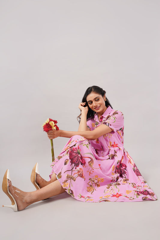 Botanical Bliss - Pink Georgette Aurora Shirt Dress – Printed Midi with Pleats
