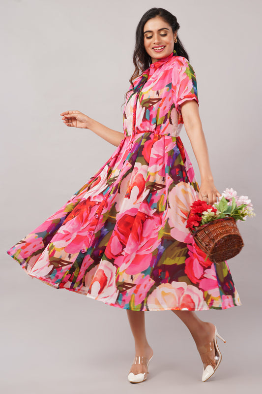 Bloom Rush Multicolor Floral - Georgette Aurora Shirt Dress