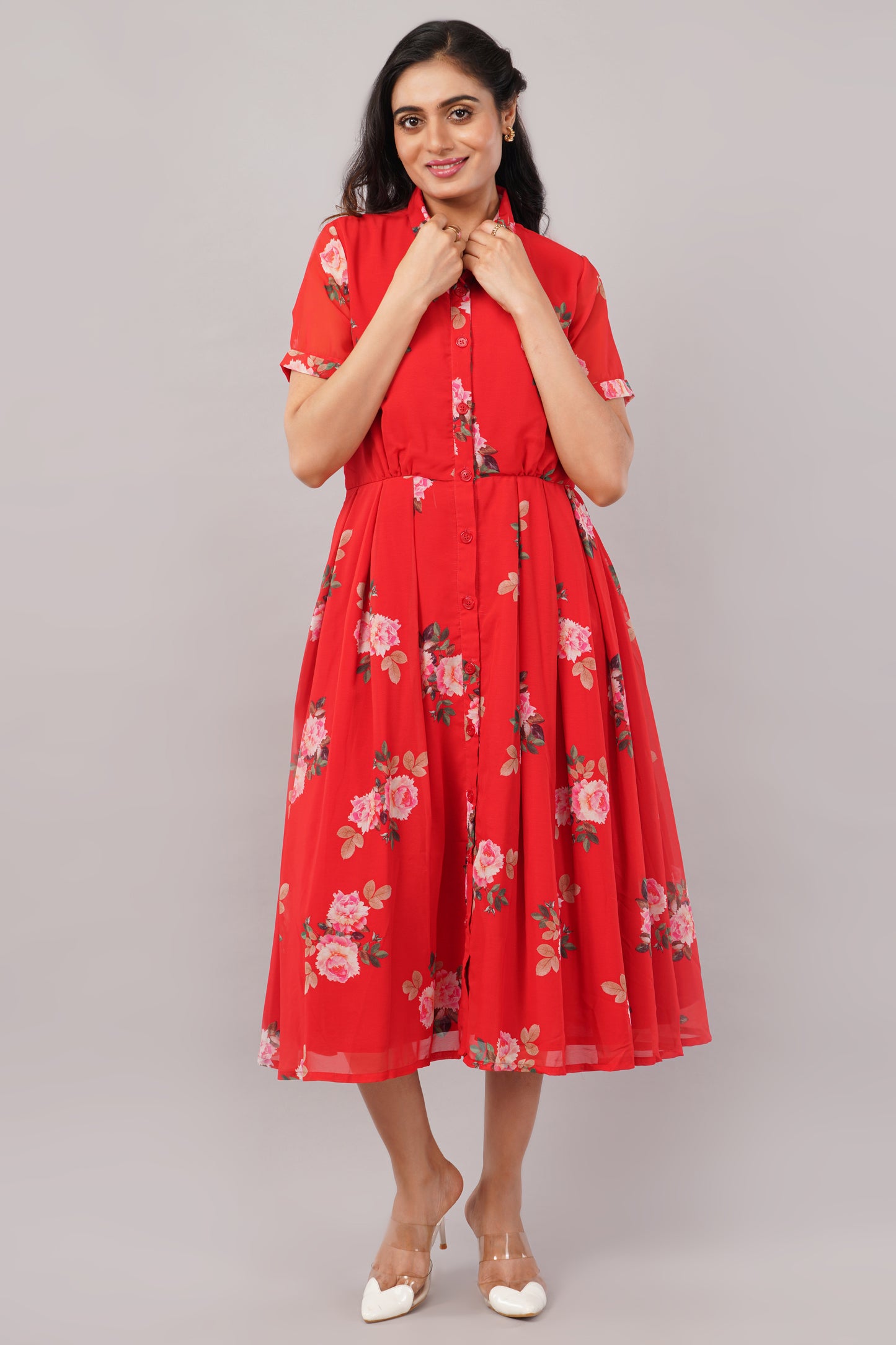 Crimson Bloom Red Floral - Georgette Aurora Shirt Dress