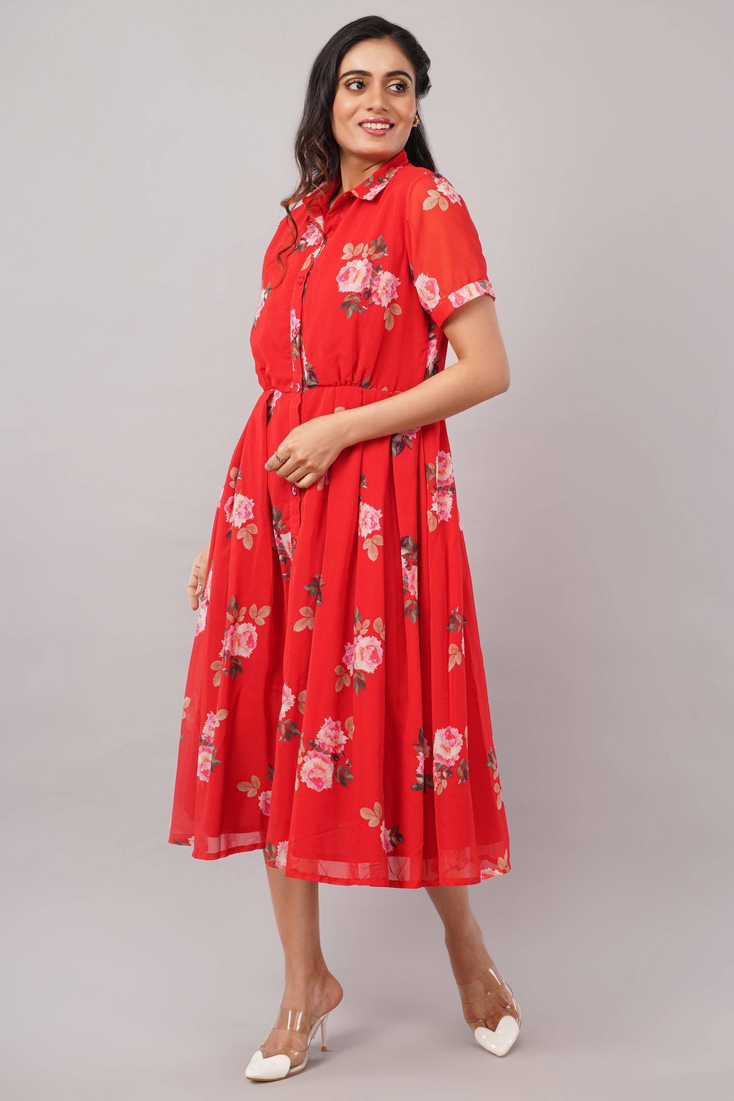 Crimson Bloom Red Floral - Georgette Aurora Shirt Dress