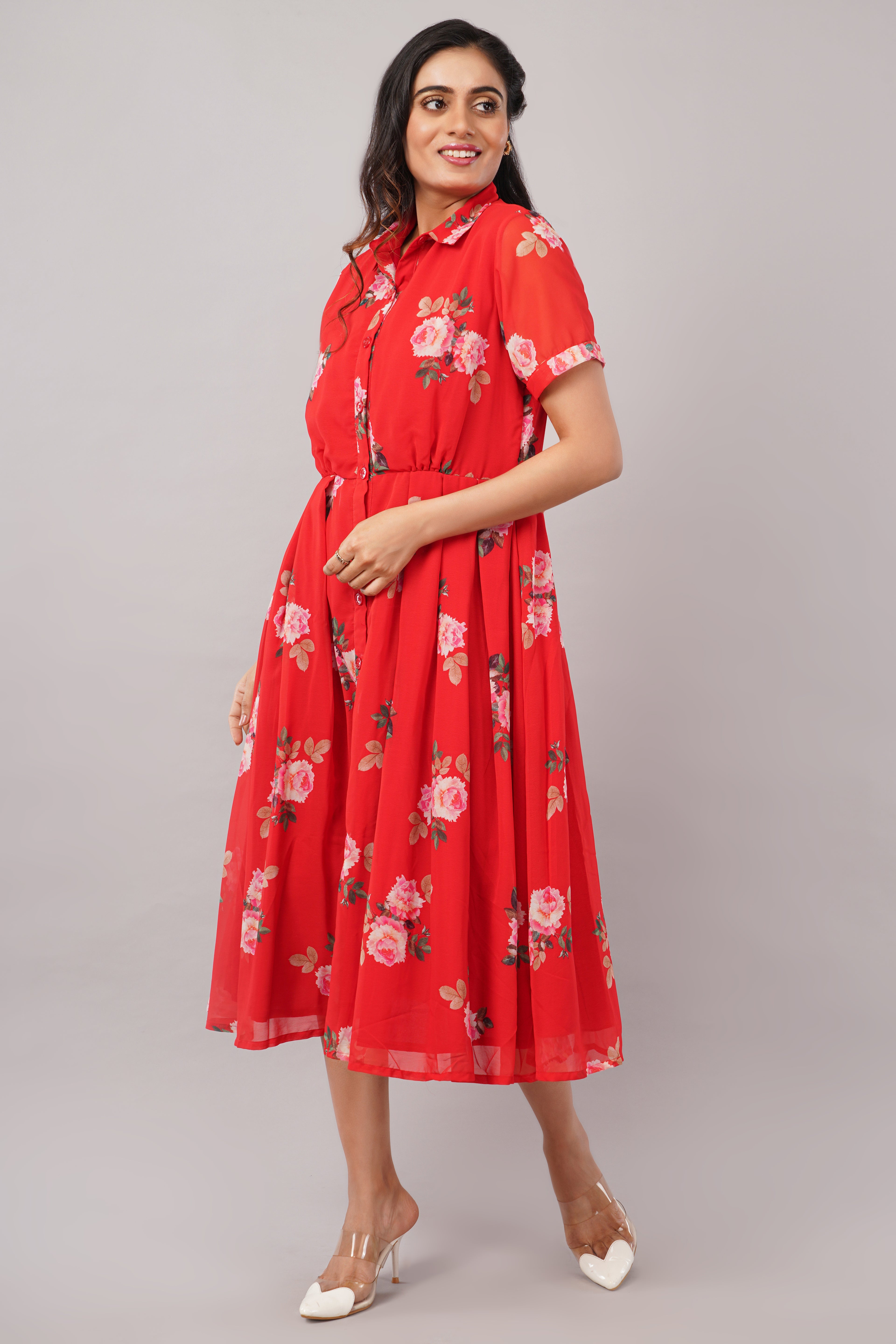 Crimson Bloom Red Floral - Georgette Aurora Shirt Dress