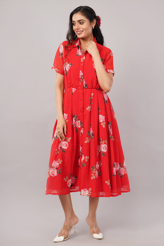 Crimson Bloom Red Floral - Georgette Aurora Shirt Dress
