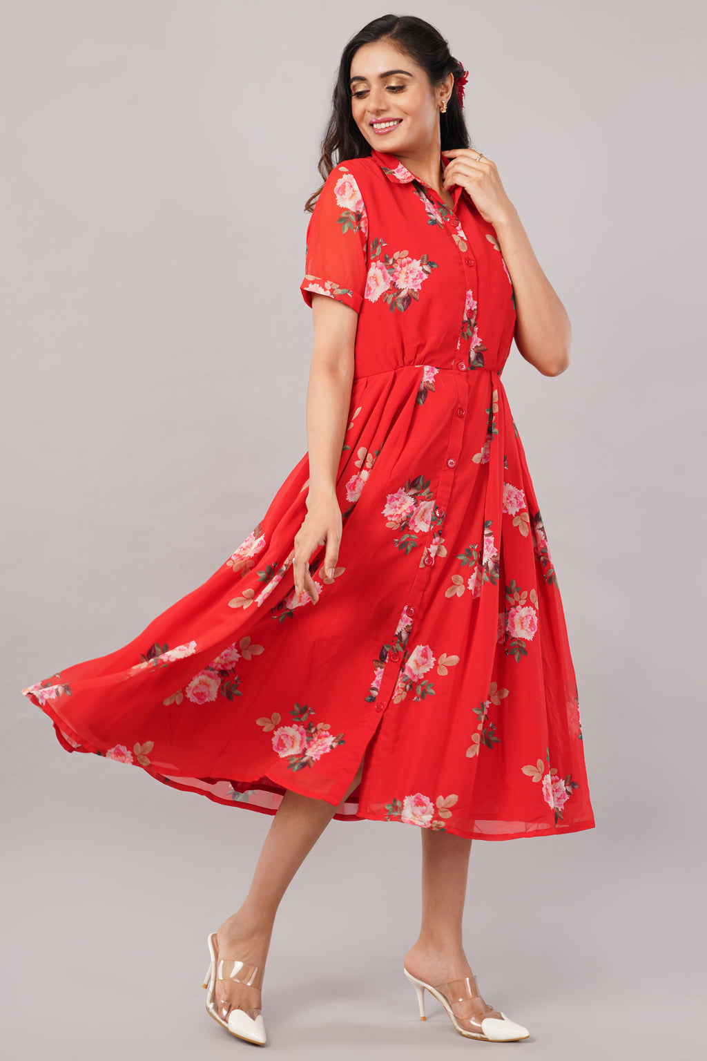 Crimson Bloom Red Floral - Georgette Aurora Shirt Dress