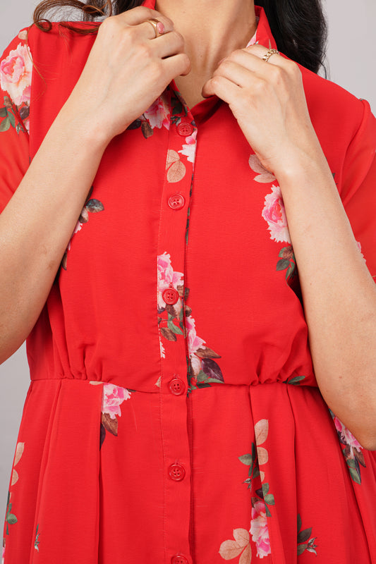 Crimson Bloom Red Floral - Georgette Aurora Shirt Dress