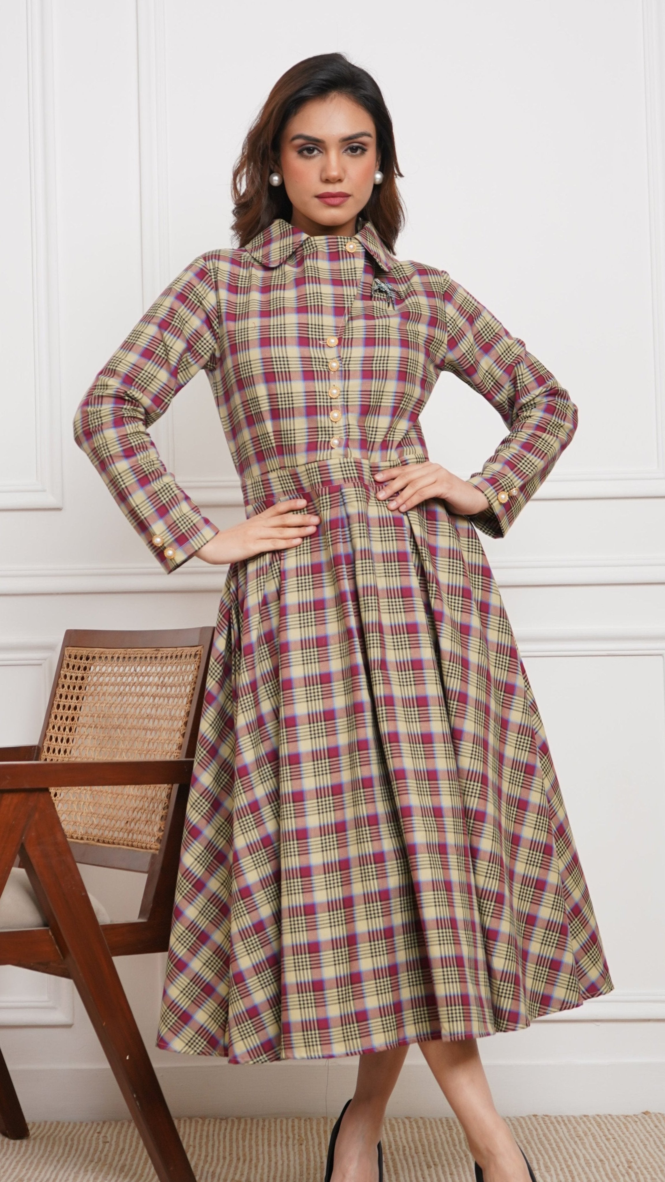 Pink & Green Check - Brushed Twill Box-Pleated Scotland Dress