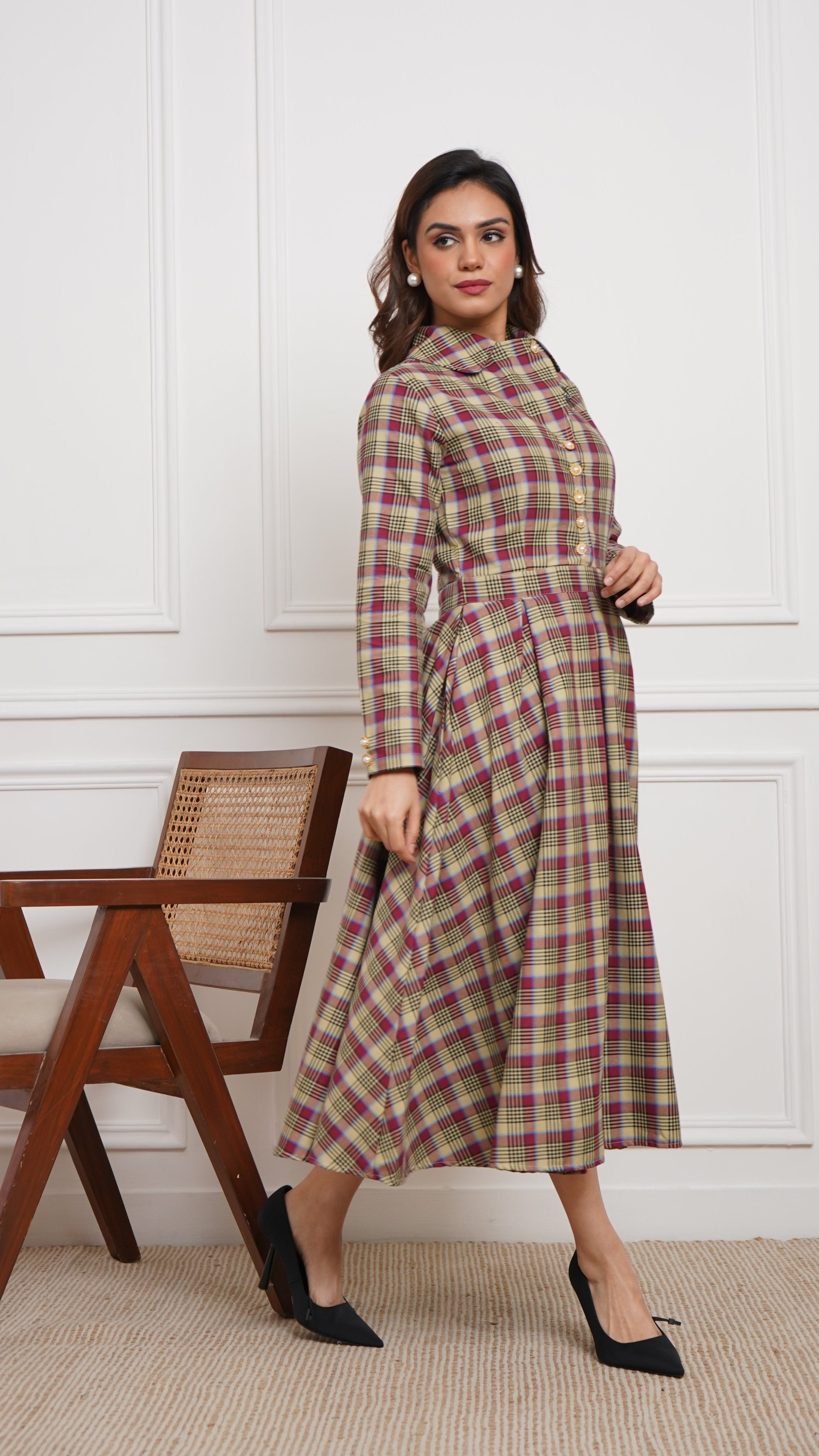 Pink & Green Check - Brushed Twill Box-Pleated Scotland Dress