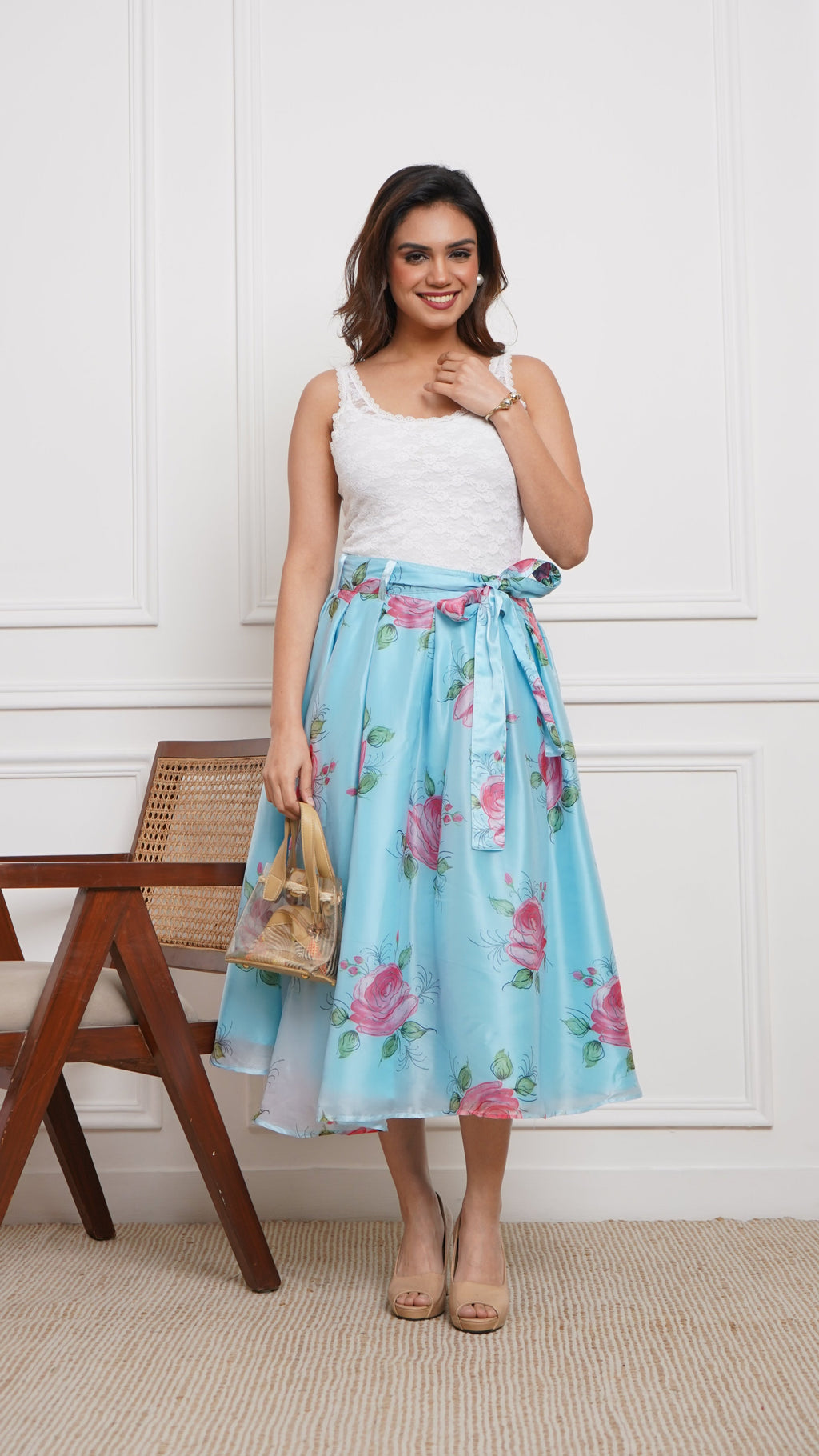 Sky Blue - Liquid Organza Box-Pleated Marilyn Skirt
