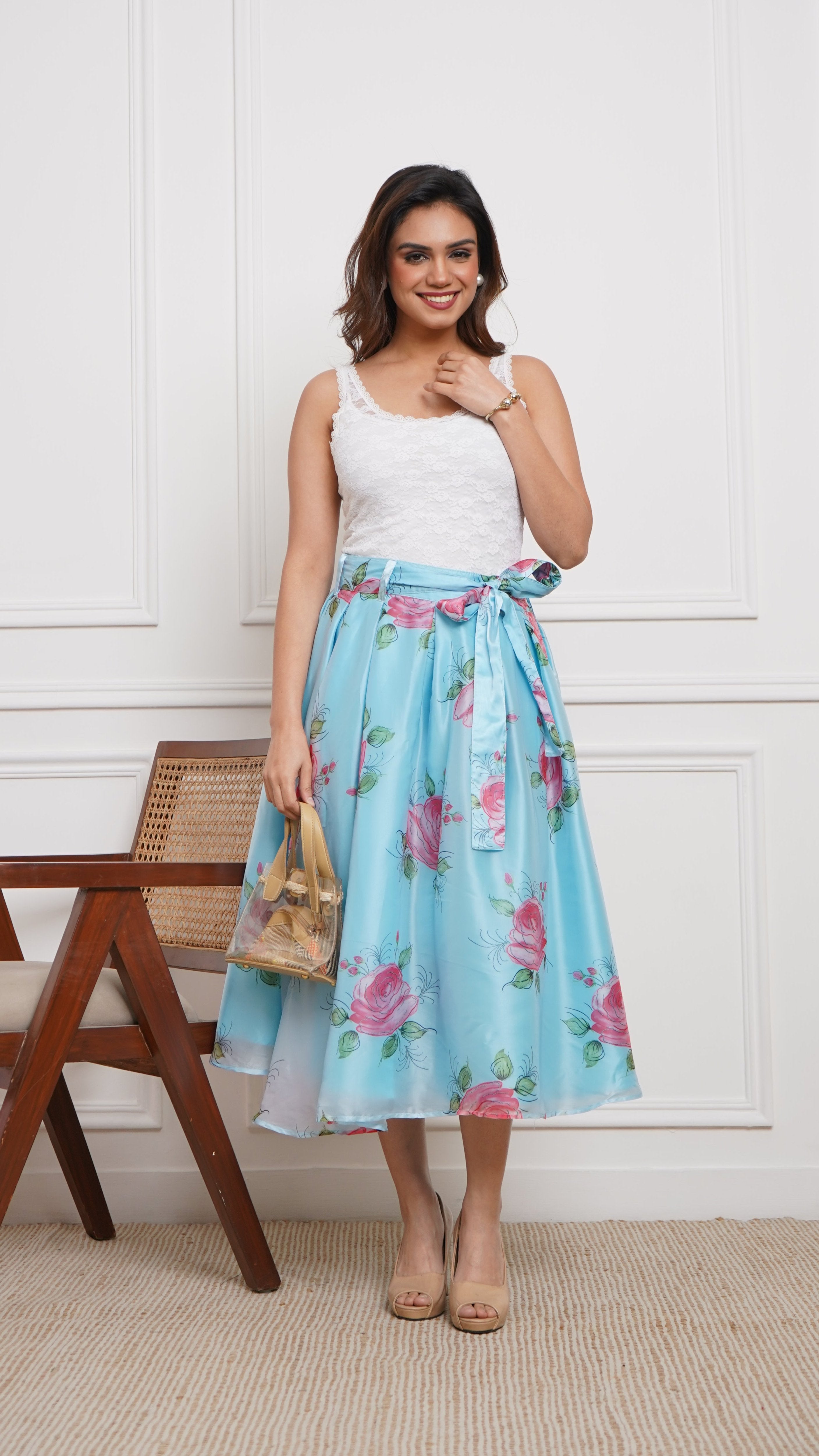 Sky Blue - Liquid Organza Box-Pleated Marilyn Skirt