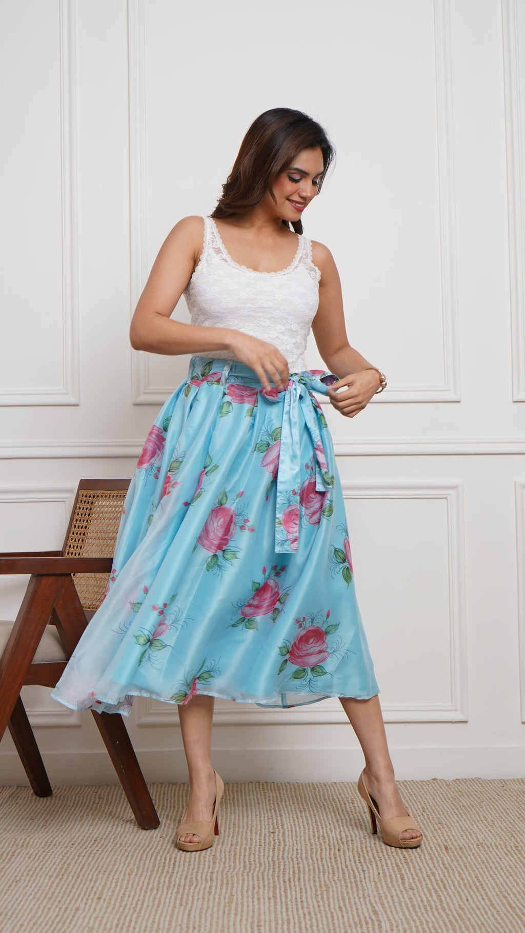 Sky Blue - Liquid Organza Box-Pleated Marilyn Skirt