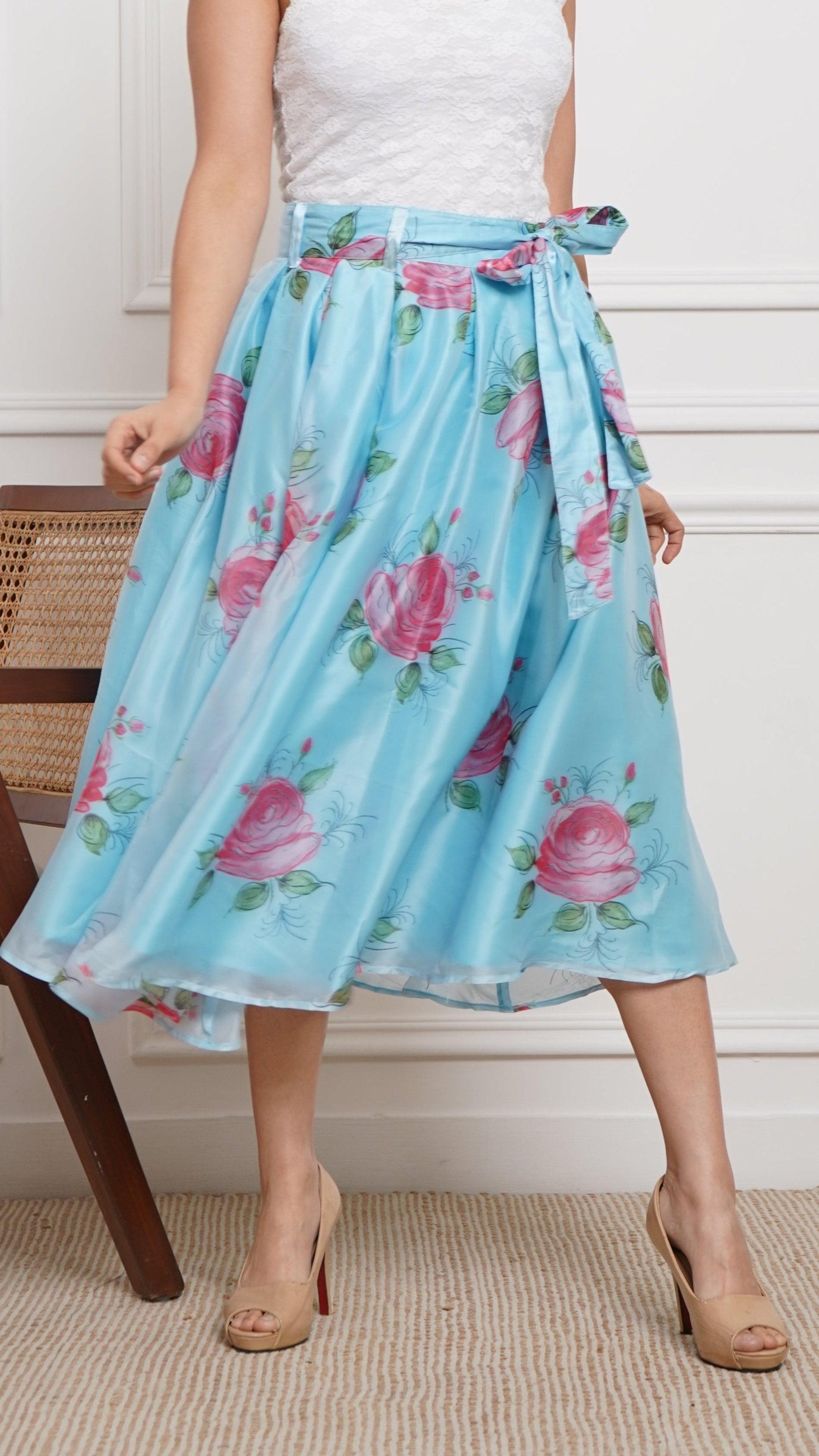 Sky Blue - Liquid Organza Box-Pleated Marilyn Skirt