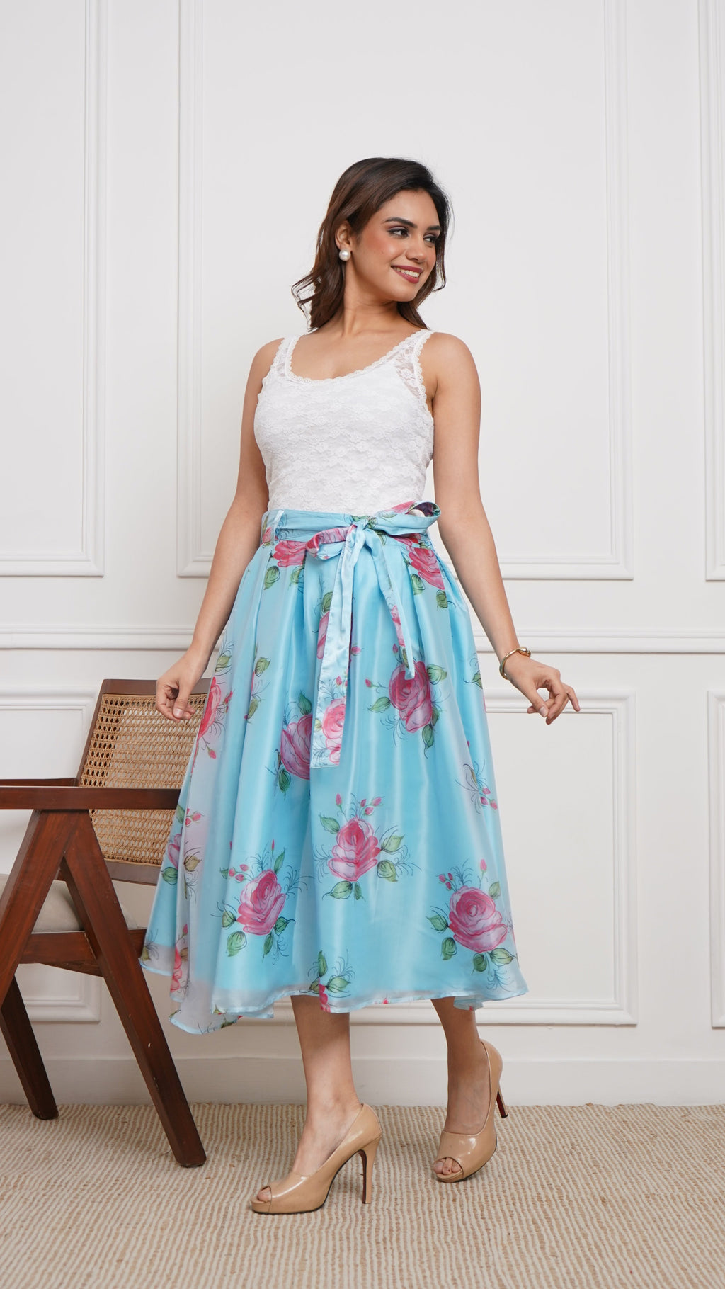 Sky Blue - Liquid Organza Box-Pleated Marilyn Skirt
