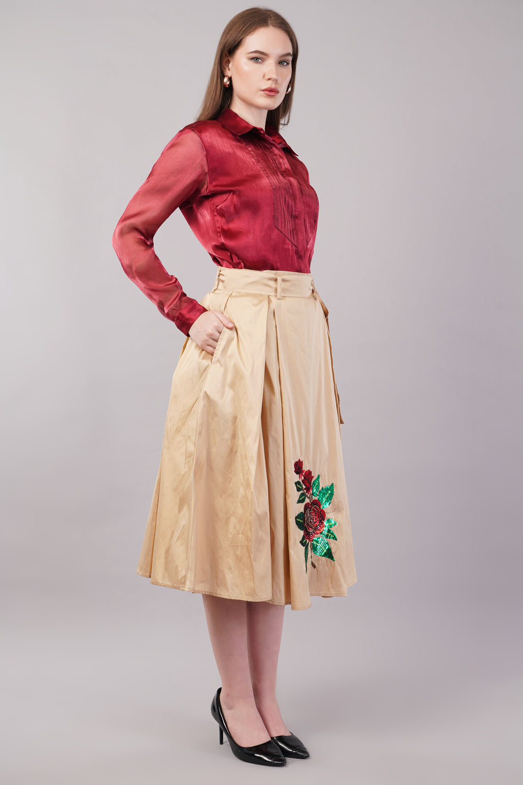 Beige Silk Hand Embroidered - Riyasat Skirt