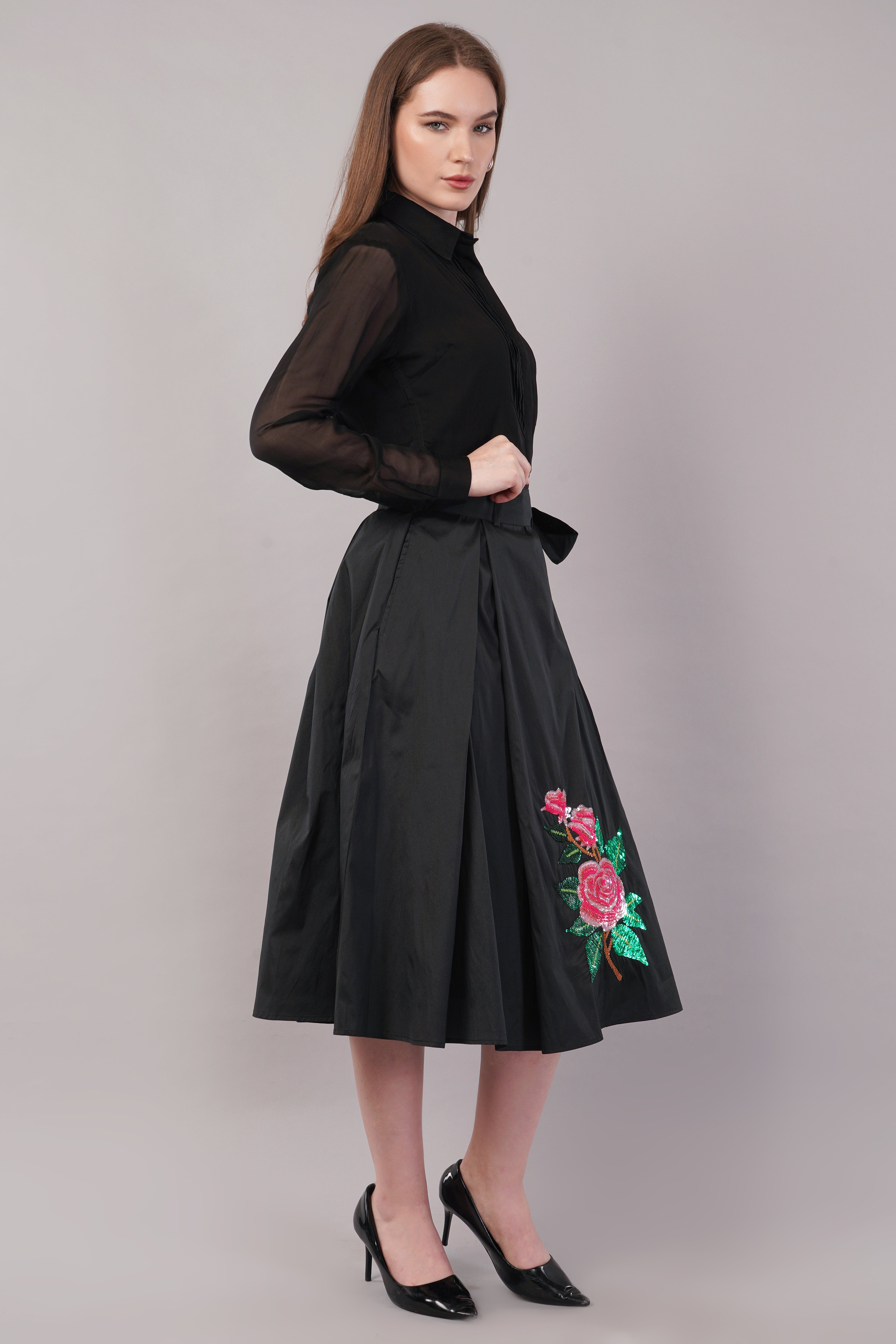Hand Embroidered Black Silk - Riyasat Skirt