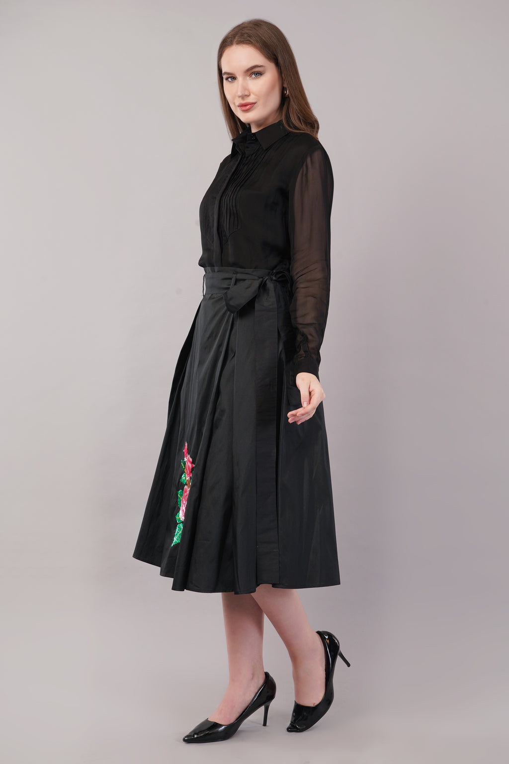 Hand Embroidered Black Silk - Riyasat Skirt