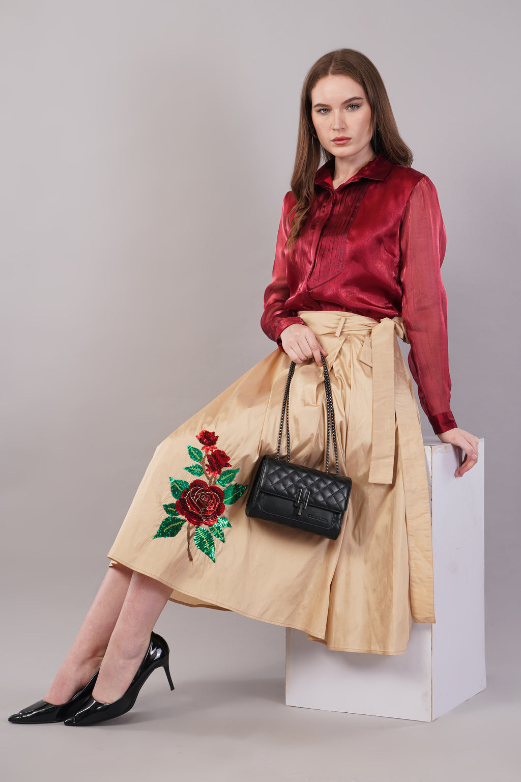 Beige Silk Hand Embroidered - Riyasat Skirt
