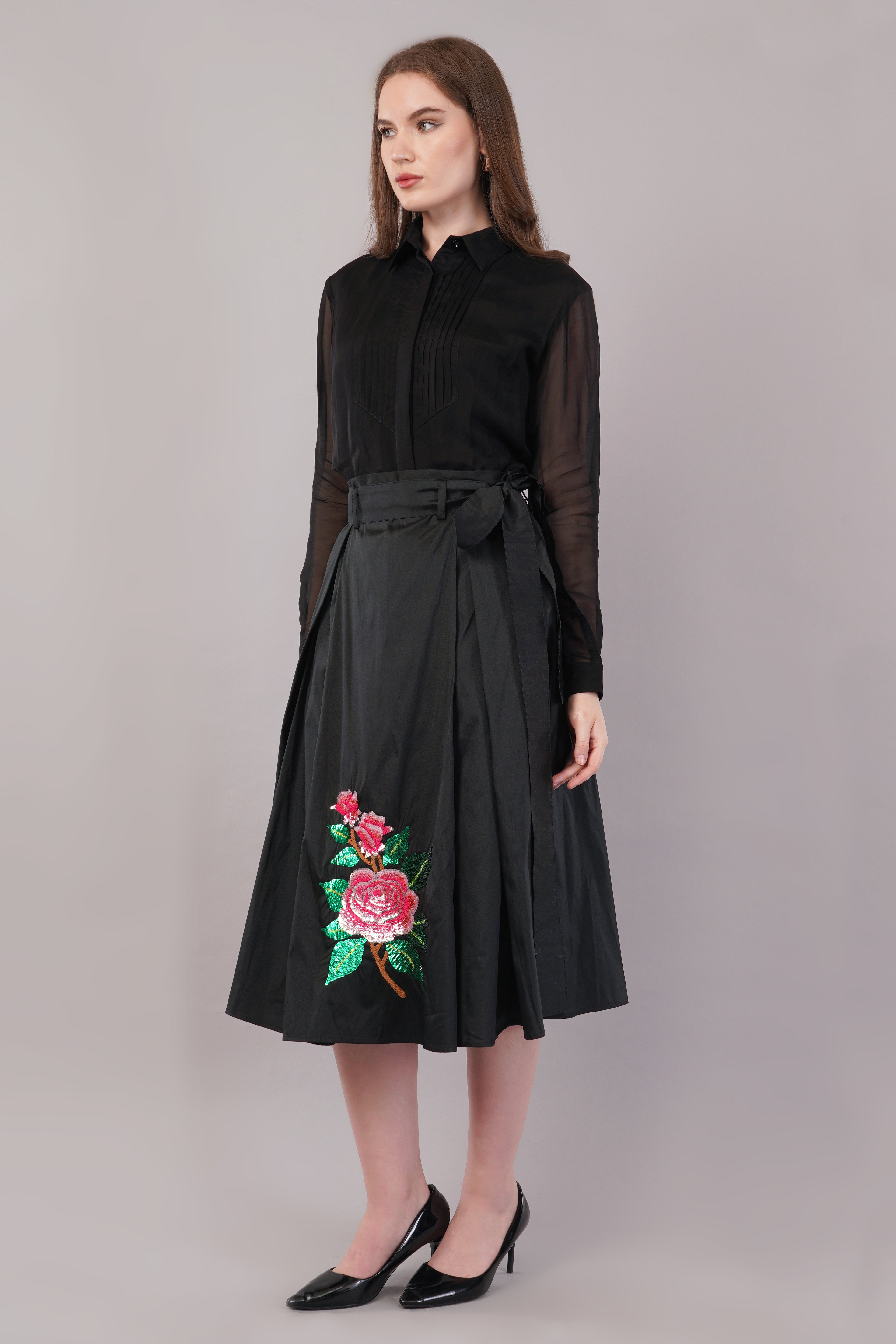 Hand Embroidered Black Silk - Riyasat Skirt
