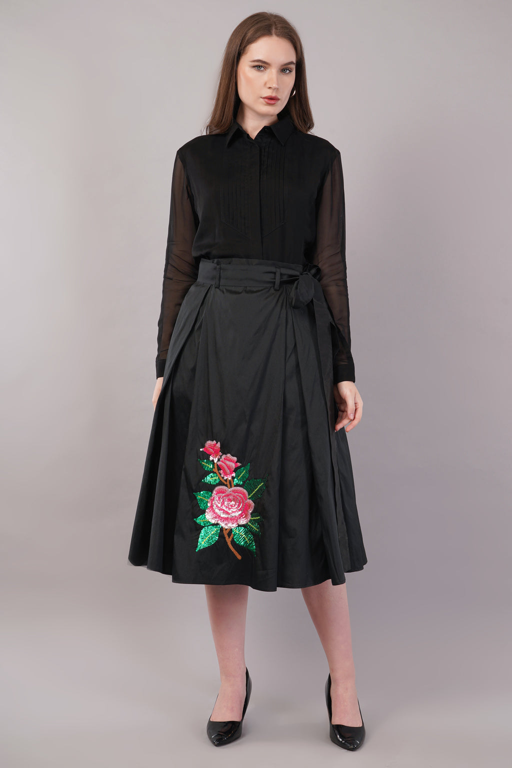 Hand Embroidered Black Silk - Riyasat Skirt